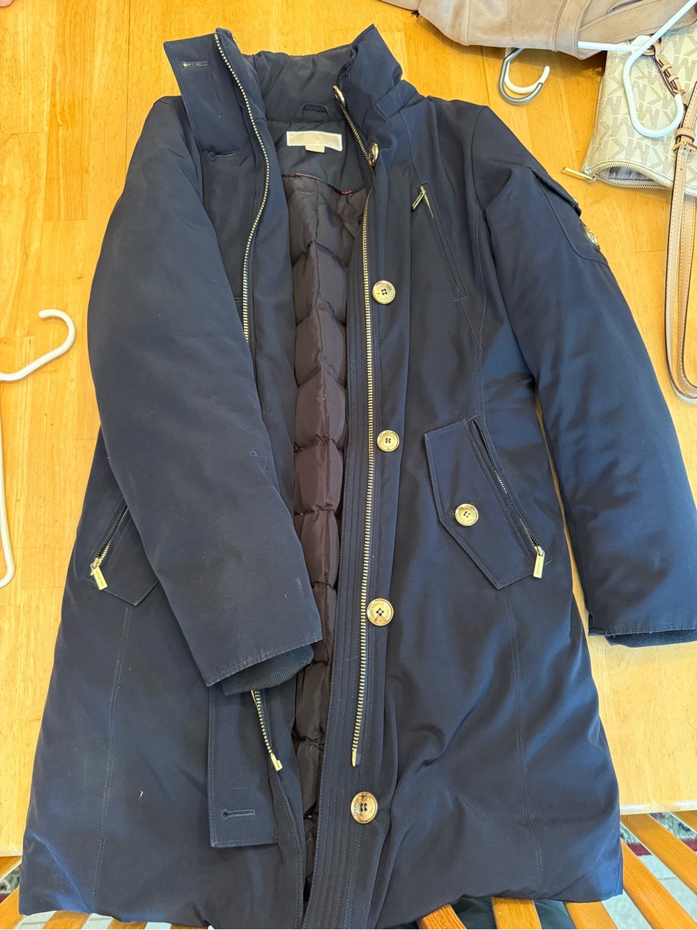 Women’s Michael Kors Navy Long Puffer Coat with Gold Hardware